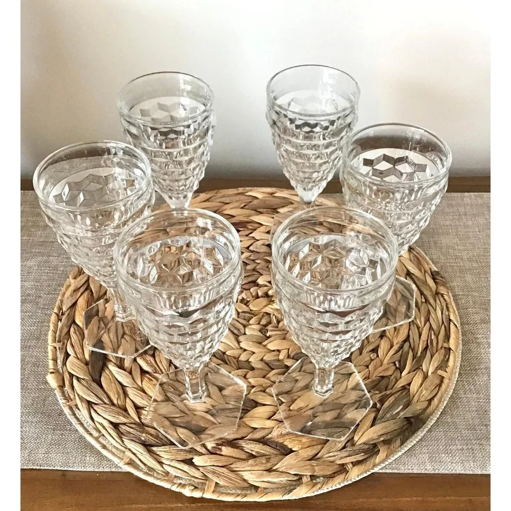 Vintage Indiana Glass Whitehall Pattern Cubist Glass Wine Goblets Set of 6 Retro